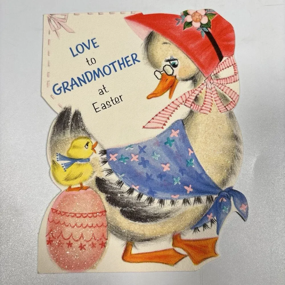Vintage Hallmark Easter Greeting Card Grandma Duck Glitter Anthropomorphic Art